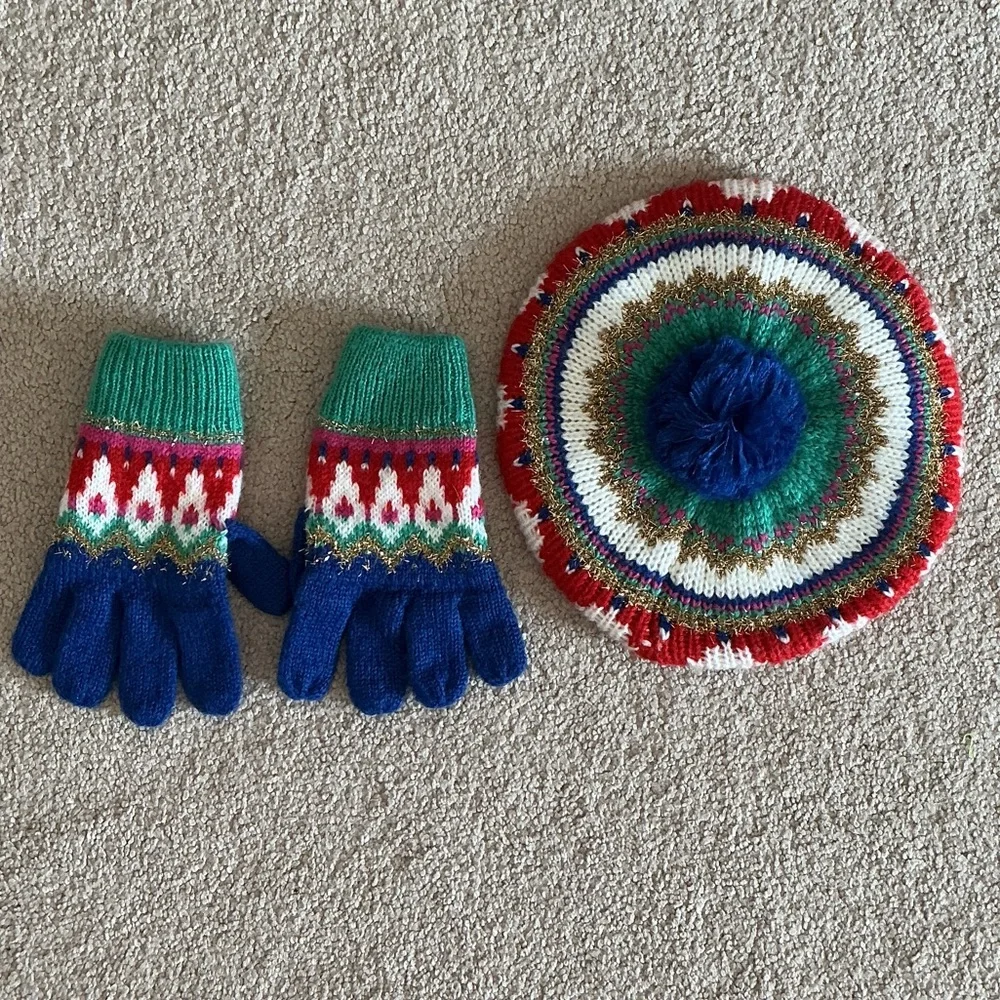 Mini Boden Festive Knit Mittens and Hat Set - Red, Green, Blue